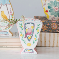 CERAMIC FAN-SHAPED VASE WITH SCALLOPED EDGE & BIRDS
