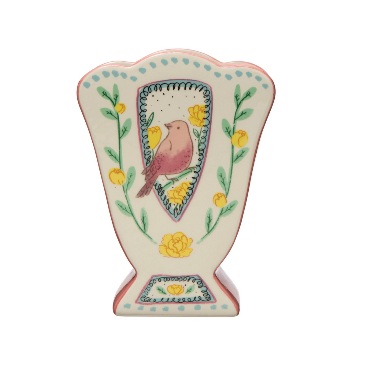 CERAMIC FAN-SHAPED VASE WITH SCALLOPED EDGE & BIRDS