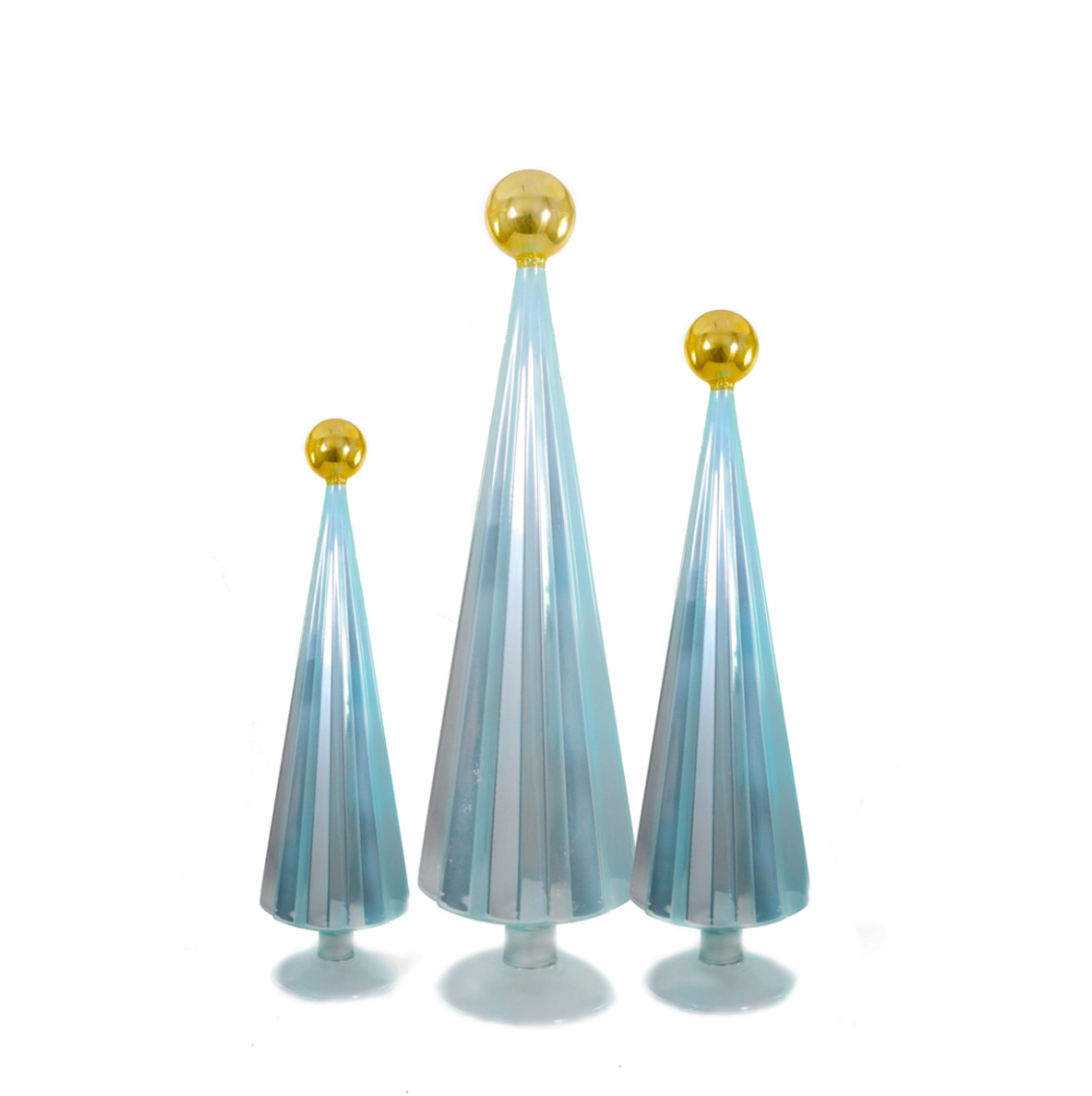 SET OF 3 PLEATED GLASS TREES SKY/GOLD