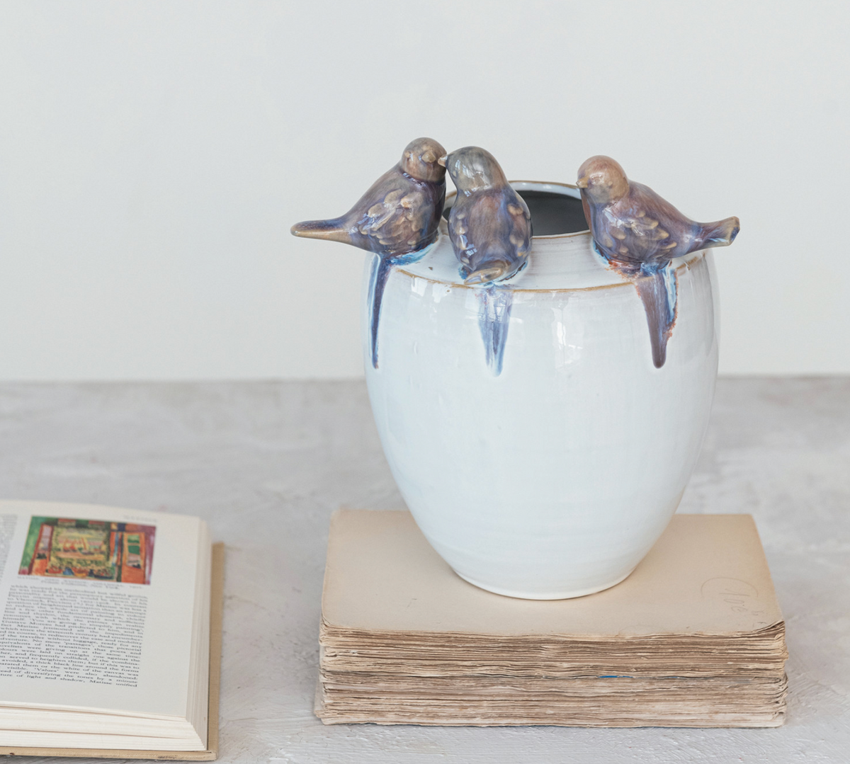 STONEWARE VASE WITH BLUE BIRDS