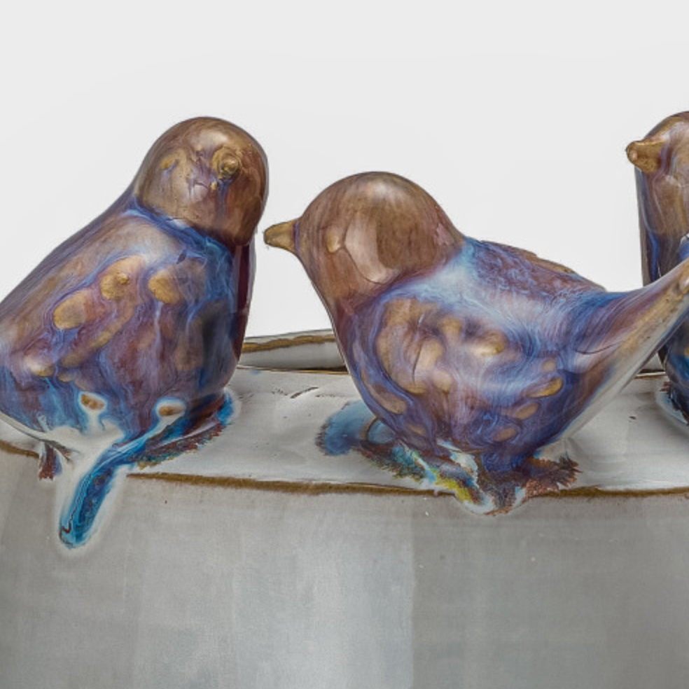 STONEWARE VASE WITH BLUE BIRDS