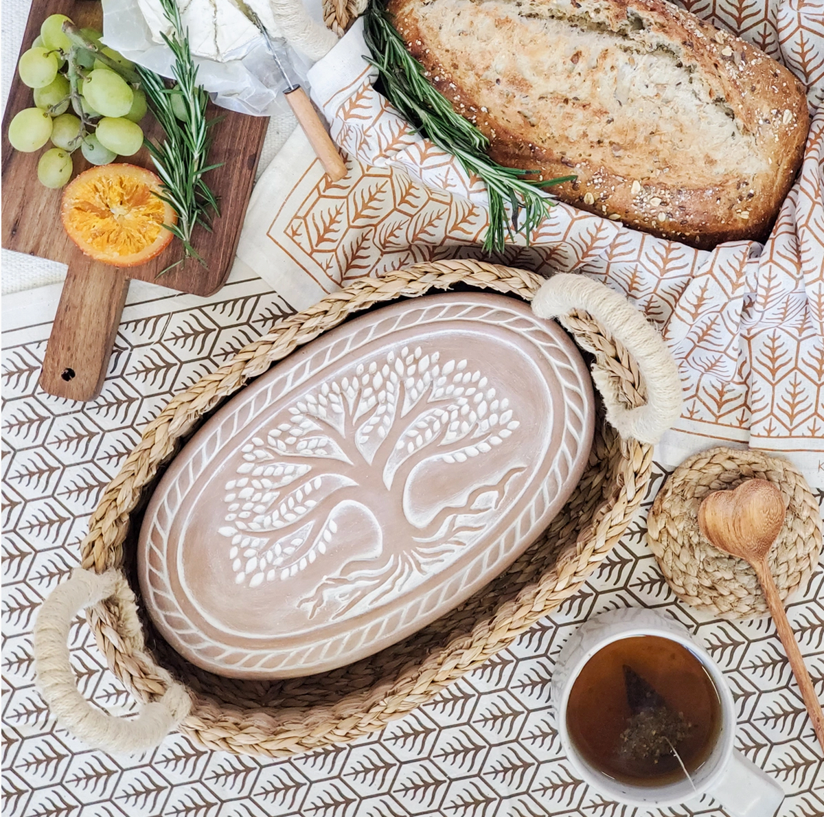 HANDMADE BREAD WARMER & WICKER BASKET-TREE OF LIFE