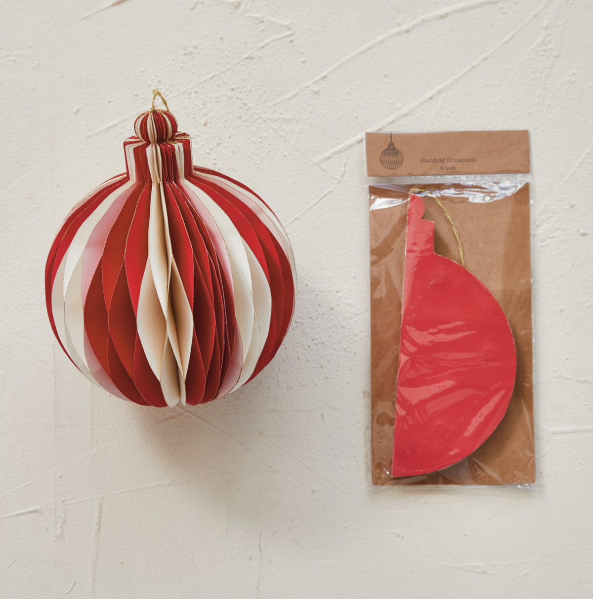 CREAM & RED PAPER ORNAMENT W/GOLD EDGE