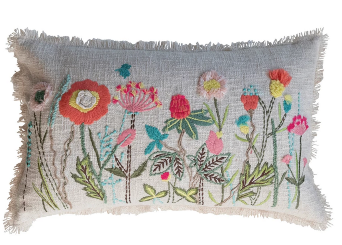 SPRING EMBROIDERED COTTON SLUB LUMBAR PILLOW