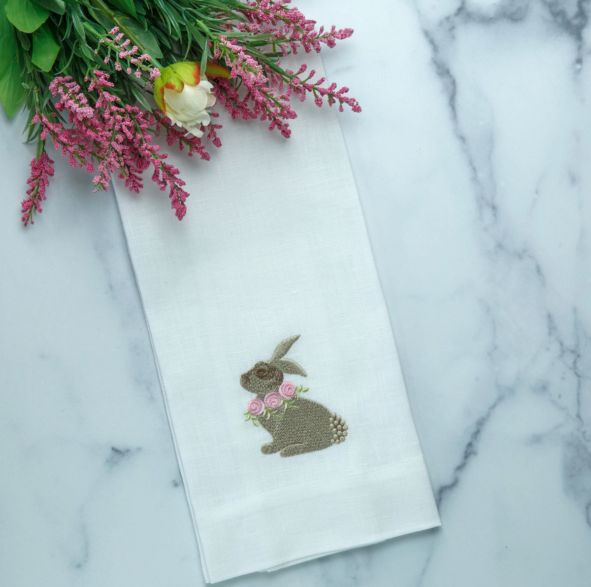 FLORAL BUNNY LINEN HAND TOWEL