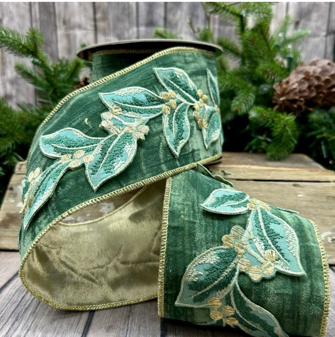 4"X5 YDS VELVET EMBROIDERY BAY LEAF RIBBON