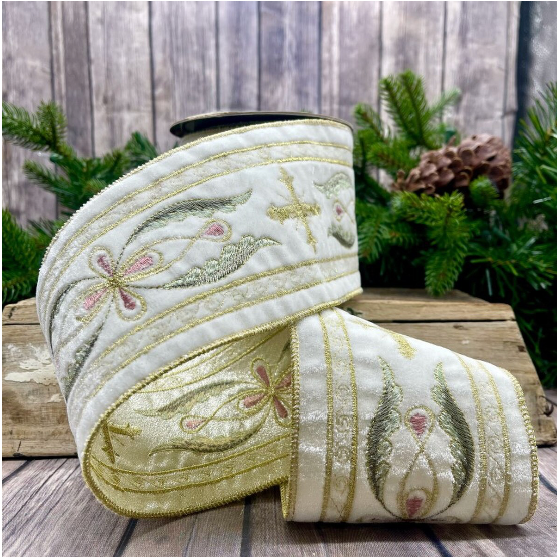 4"X5 YDS HOLY CROSS GOLD RIBBON
