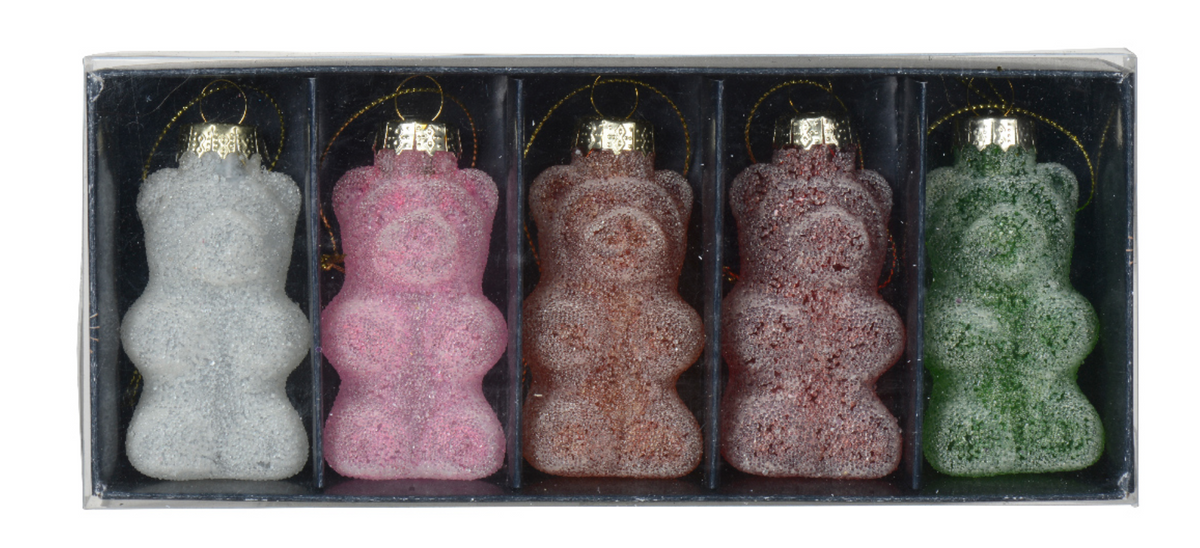 GLASS BEAR ORNAMENTS WITH BEADS (SET OF 5)
