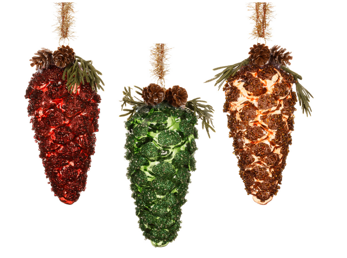 (SET OF 3) ASSORTED PINECONE GLASS TRANSPARENT ORNAMENTS