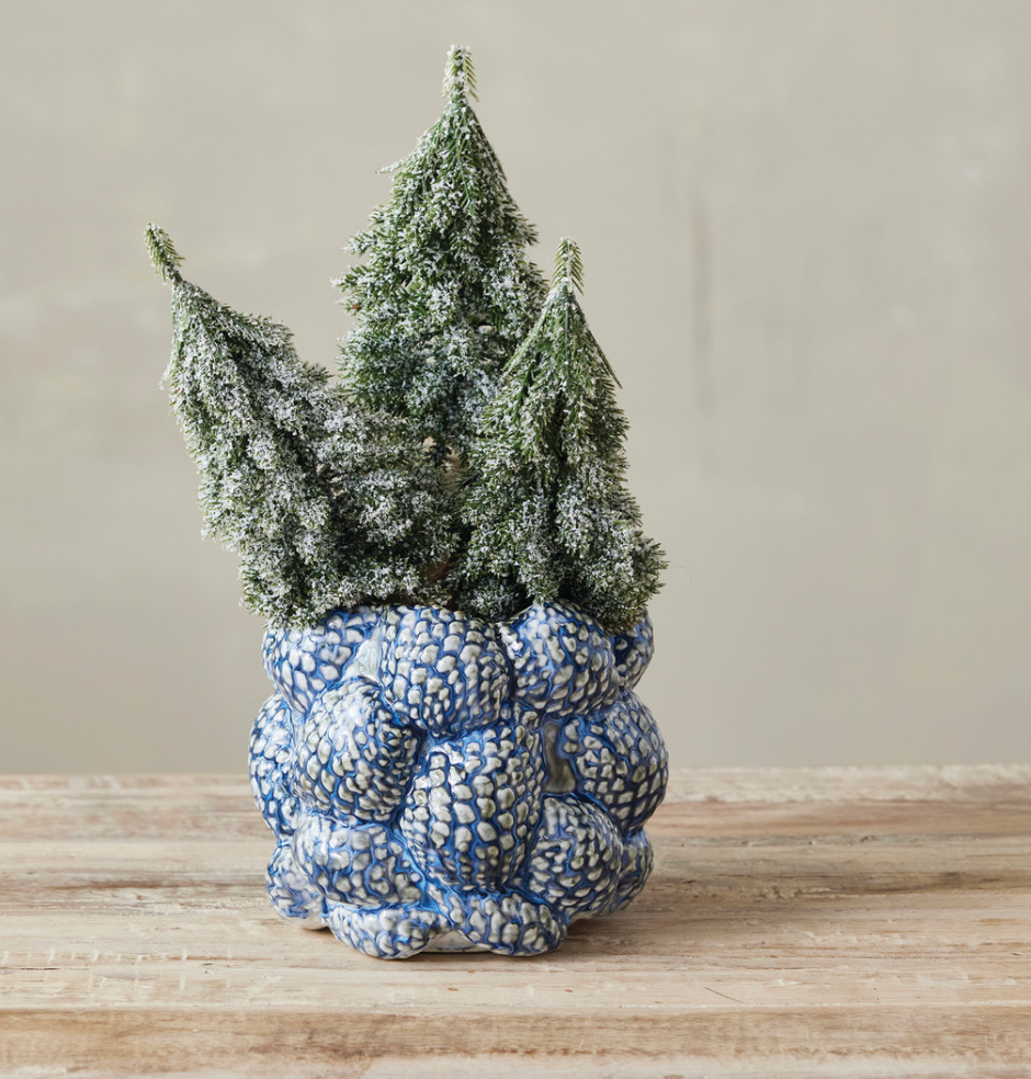 BLUE STONEWARE PLANTER WITH PINECONES