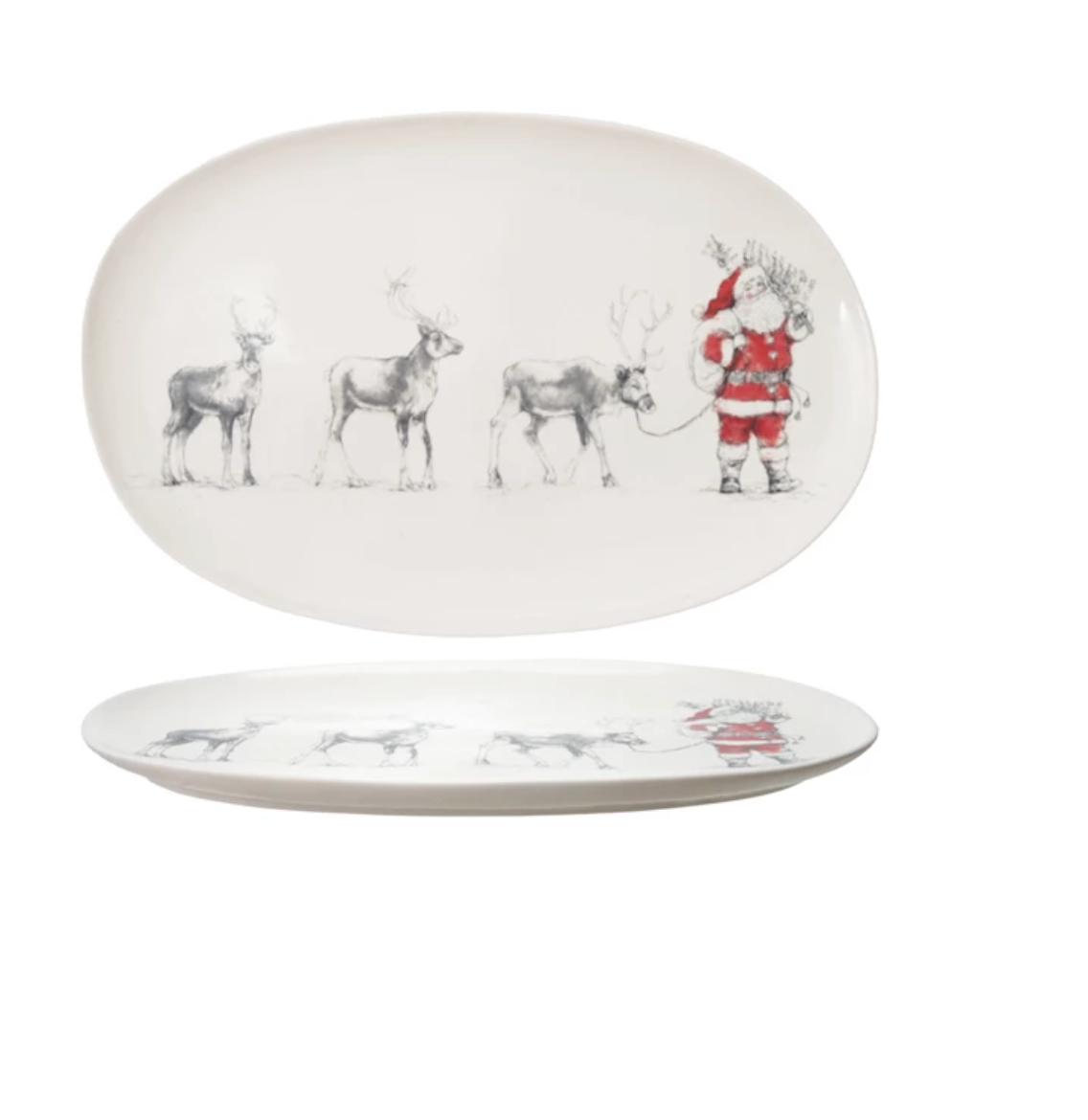 OVAL STONEWARE SERVING PLATTER SANTA LEADING REINDEER