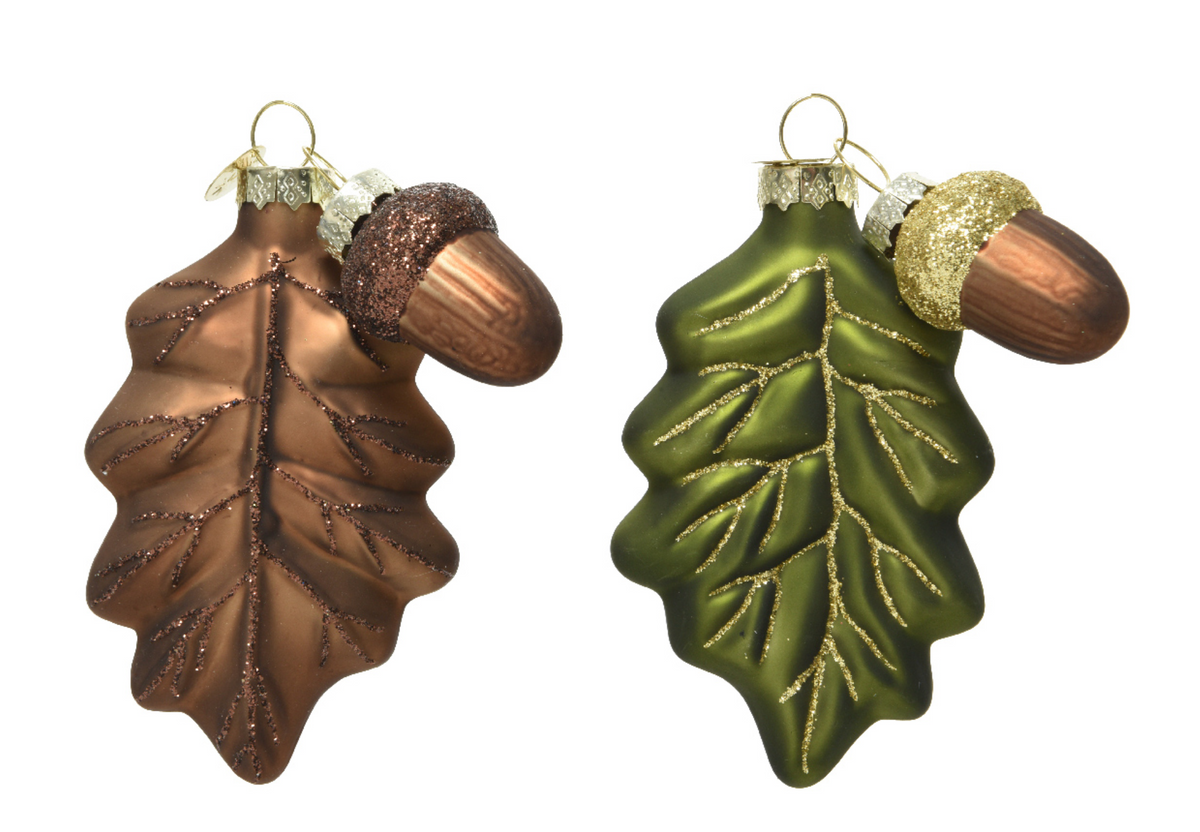 GLASS LEAF ORNAMENT WITH PINECONE