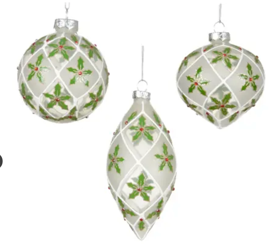 HOLLY BRANCH BAUBLES(ASSORTED BOX OF 12)