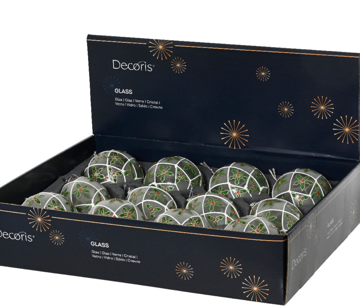 HOLLY BRANCH BAUBLES(ASSORTED BOX OF 12)