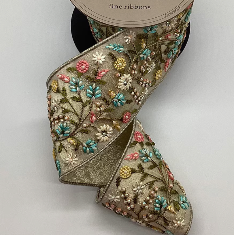 BEADED FLORAL APPLIQUE RIBBON