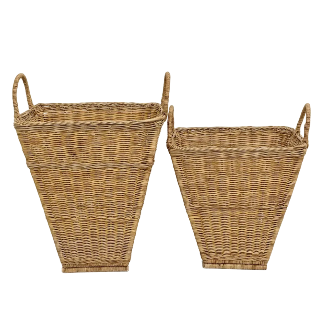 Two natural woven wicker baskets with side handles, shown on a plain white background.