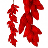 Red faux leaf garland strands hanging against a plain white background.