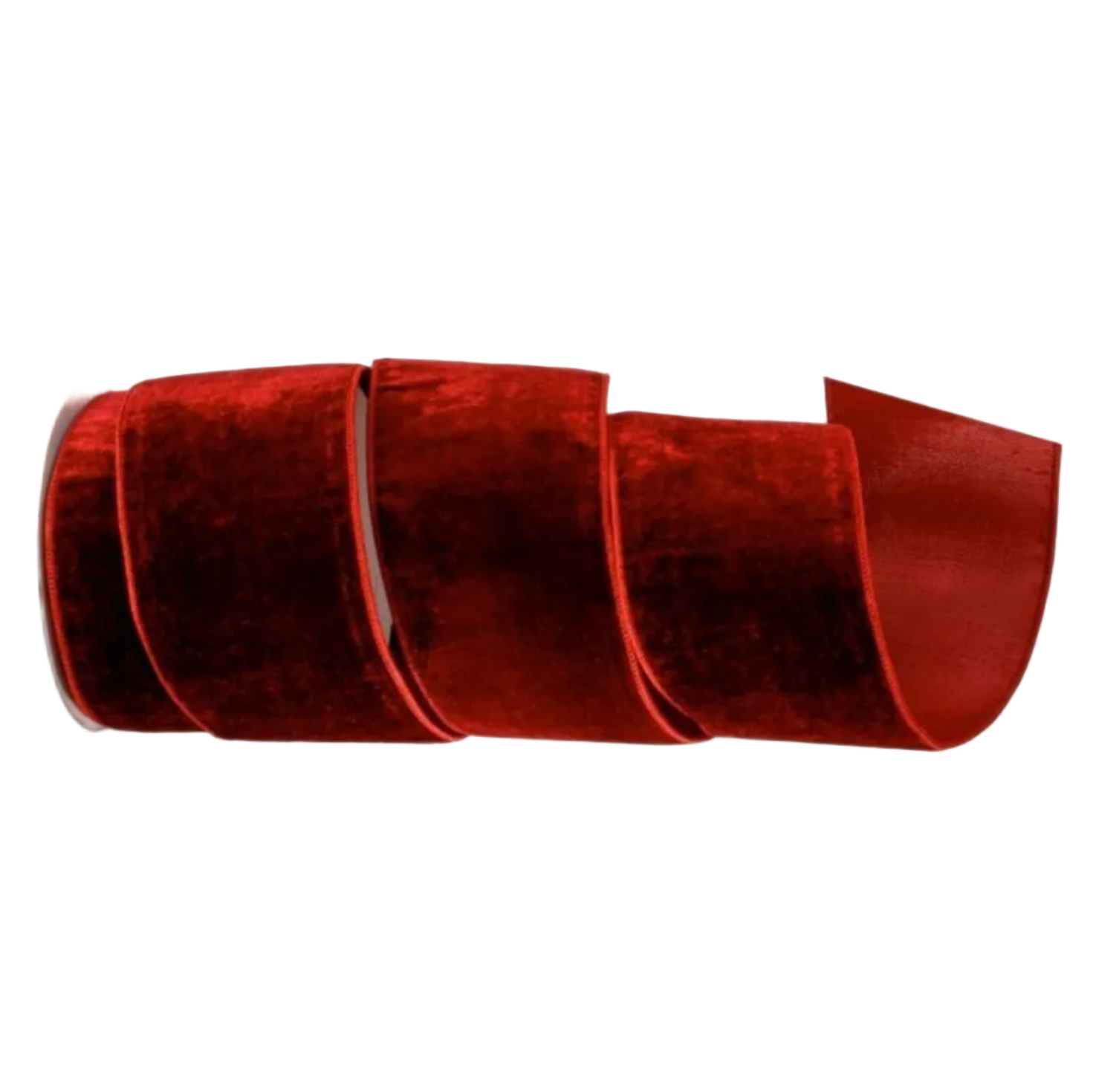 A roll of deep red velvet ribbon, partially unrolled to show its soft, plush texture, set against a plain white background.