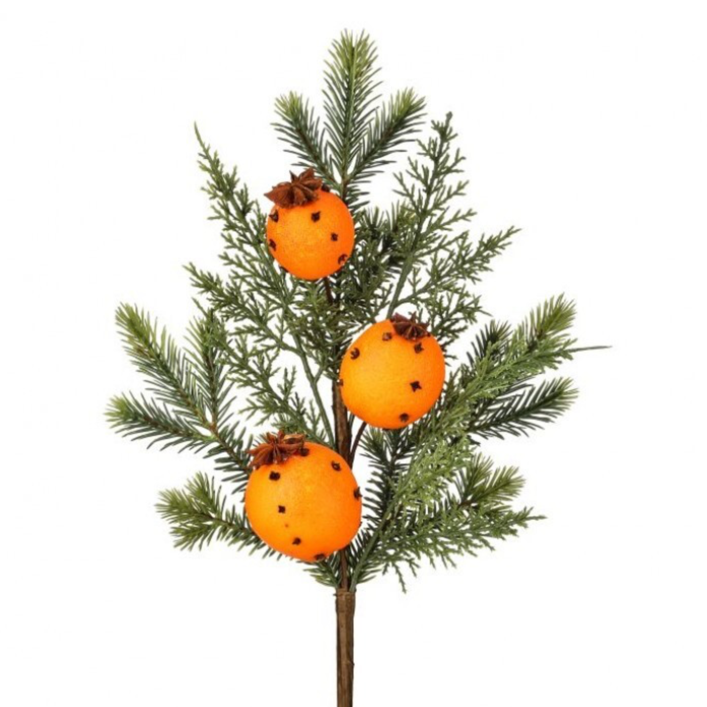 An artificial pine branch decoration with three orange citrus fruits adorned with small black dots and brown tops, set against a plain white background.