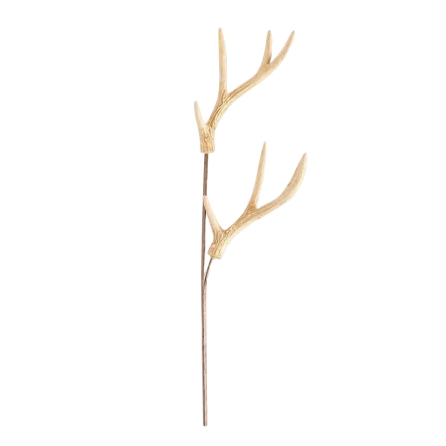 A decorative artificial antler branch with light tan faux antlers attached to a brown stem, shown against a plain white background.