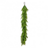 A green artificial evergreen garland hanging from a black loop at the top, shown against a plain white background with a small circular 'NEW!' badge in the upper right corner.