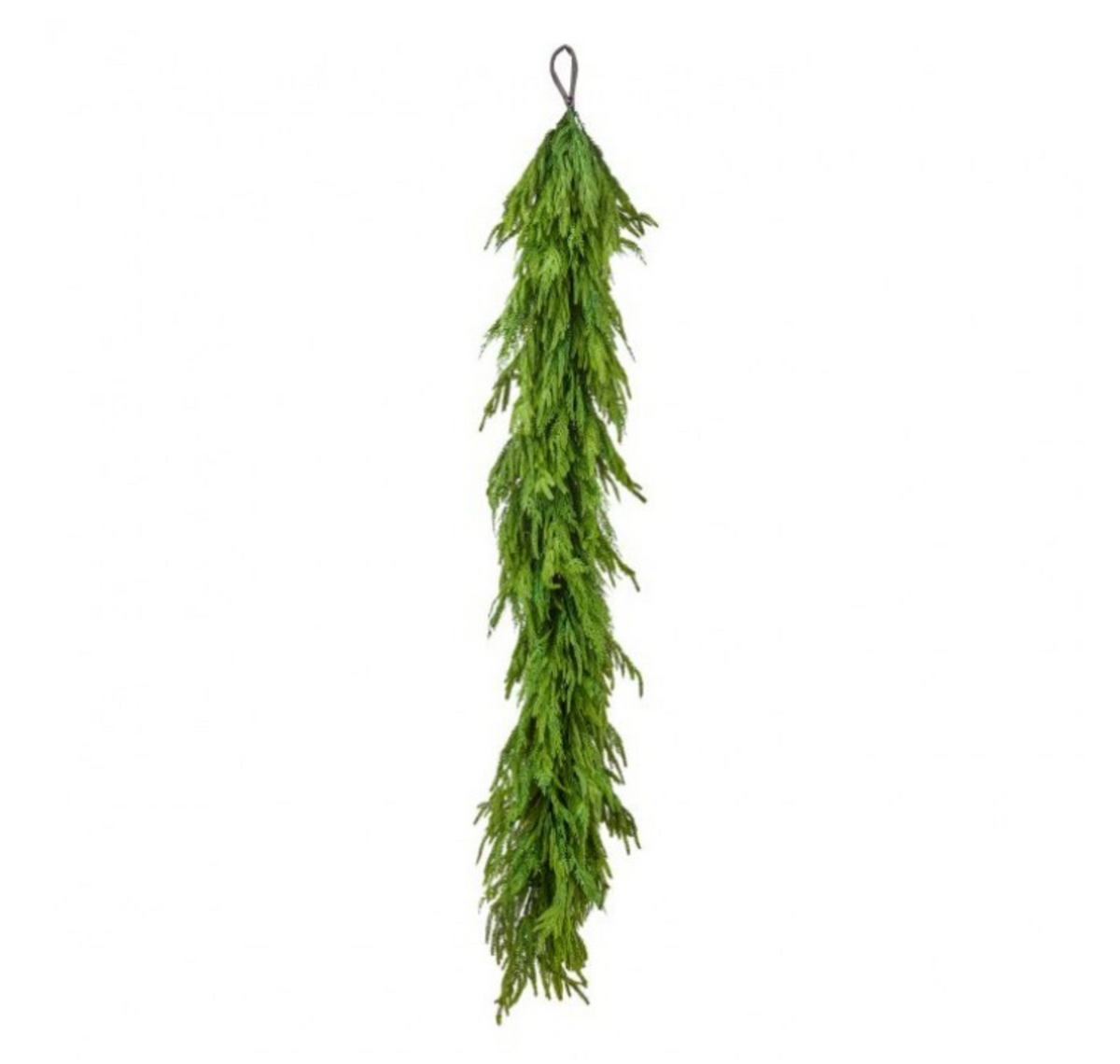 A green artificial evergreen garland hanging from a black loop at the top, shown against a plain white background with a small circular 'NEW!' badge in the upper right corner.