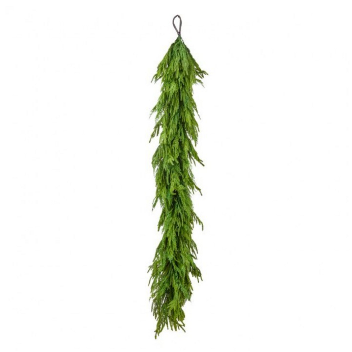 A green artificial evergreen garland hanging from a black loop at the top, shown against a plain white background with a small circular 'NEW!' badge in the upper right corner.
