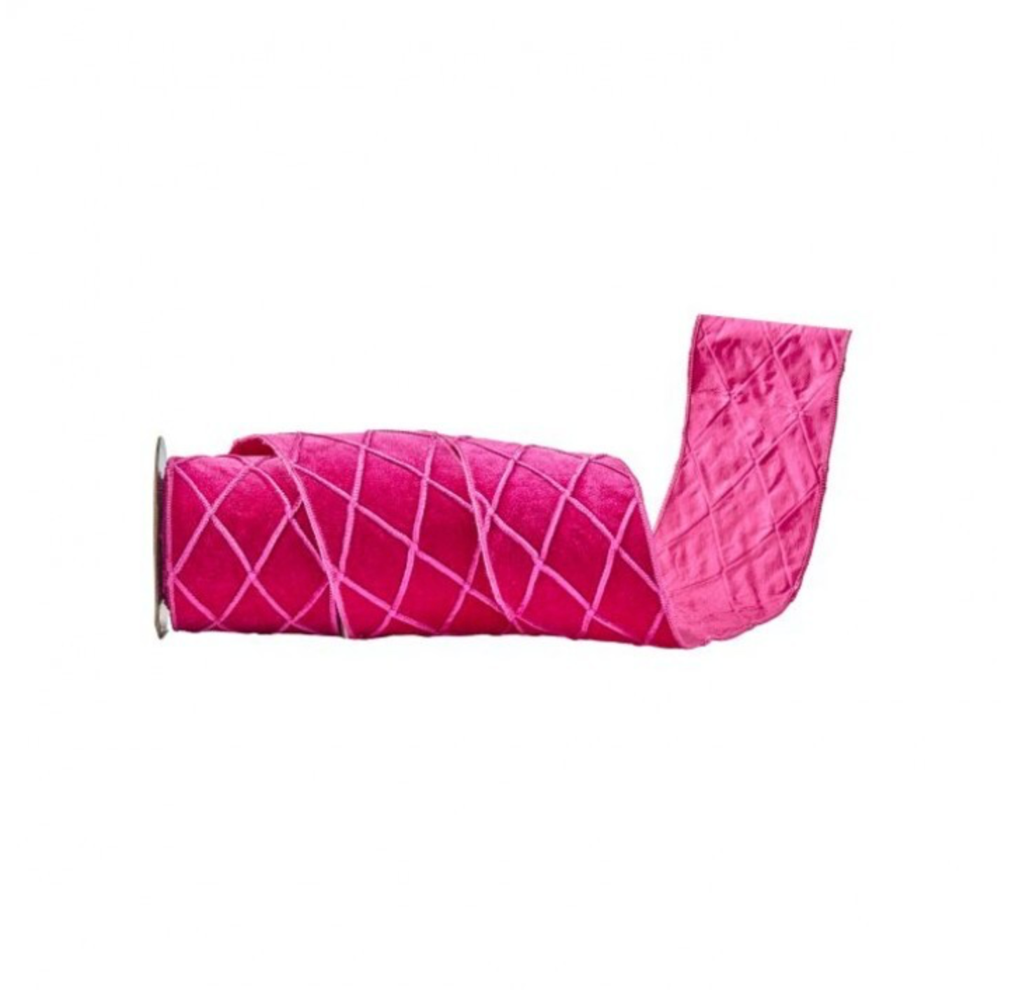 A roll of vibrant pink velvet ribbon with a white diamond-quilted pattern, shown partially unrolled on a plain white background with a small 'NEW!' badge in the top right corner.