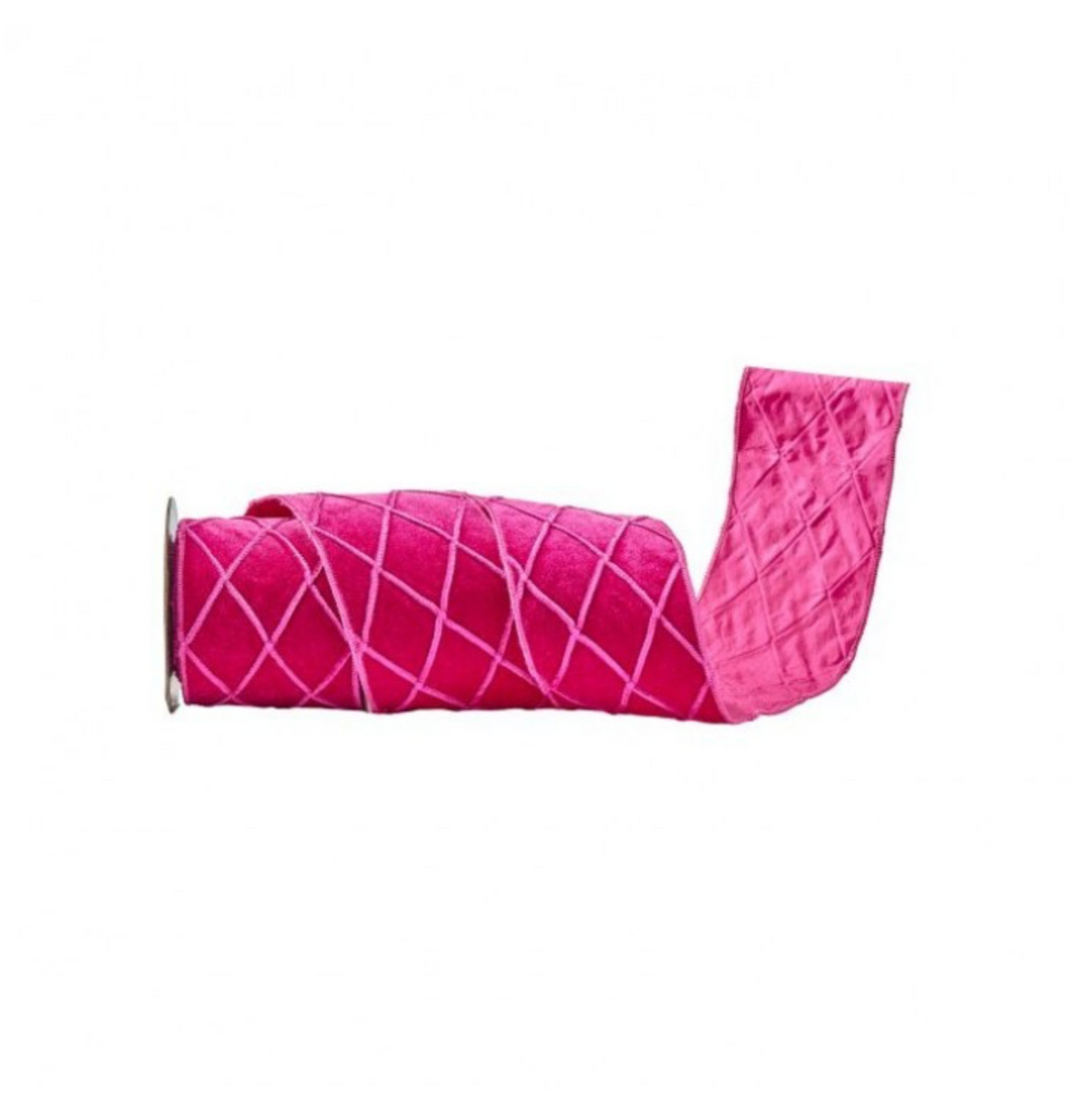 A roll of vibrant pink velvet ribbon with a white diamond-quilted pattern, shown partially unrolled on a plain white background with a small 'NEW!' badge in the top right corner.