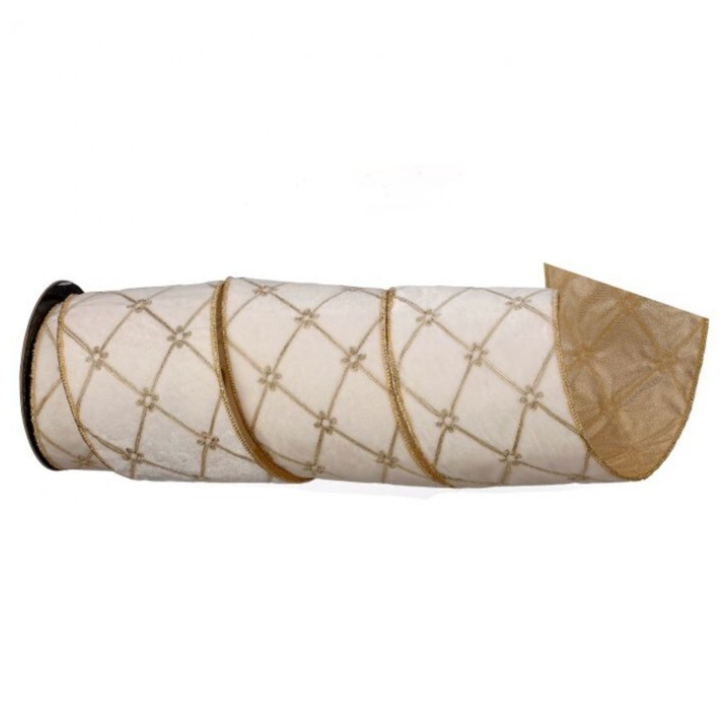 A rolled-up beige fabric filter or mesh screen with a diamond lattice pattern and gold-colored trim, shown on a plain white background.