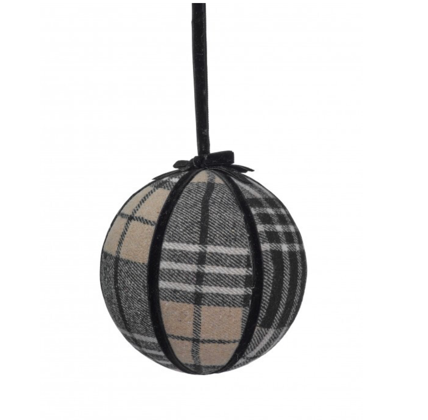 A spherical Christmas ornament with a beige, black, and gray plaid pattern, hanging from a black ribbon against a white background.