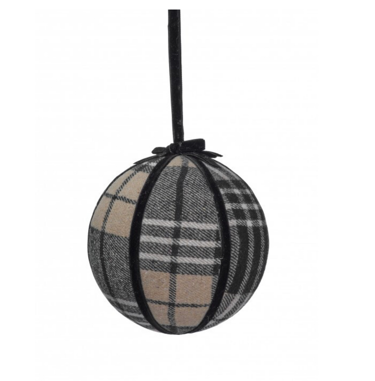 A spherical Christmas ornament with a beige, black, and gray plaid pattern, hanging from a black ribbon against a white background.