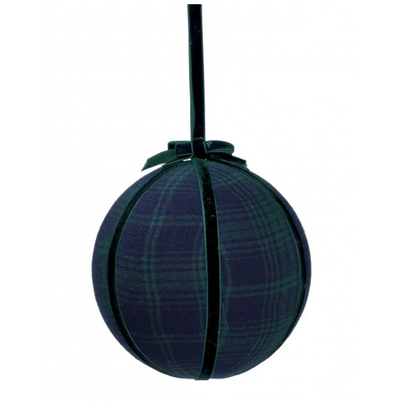 A dark green and navy plaid fabric Christmas ornament shaped like a hanging ornament, suspended by a black ribbon against a white background. A small gray 'NEW!' badge is in the top right corner.