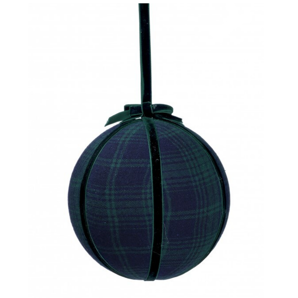 A dark green and navy plaid fabric Christmas ornament shaped like a hanging ornament, suspended by a black ribbon against a white background. A small gray 'NEW!' badge is in the top right corner.