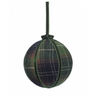 A green tartan plaid hanging ornament shaped like a Christmas tree ball, suspended by a dark green ribbon against a white background.
