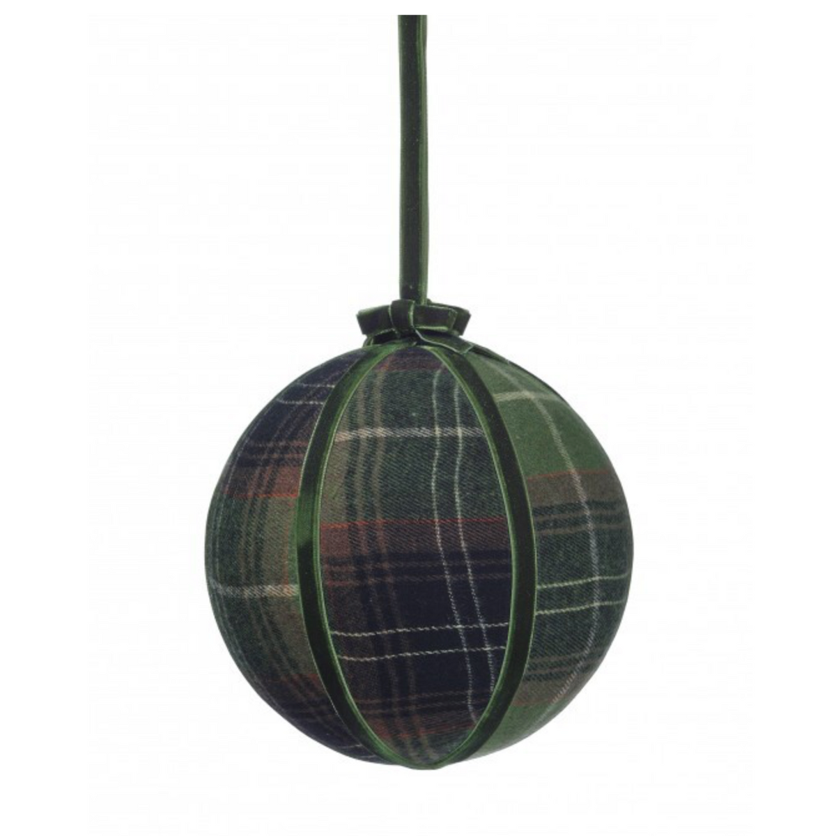 A green tartan plaid hanging ornament shaped like a Christmas tree ball, suspended by a dark green ribbon against a white background.