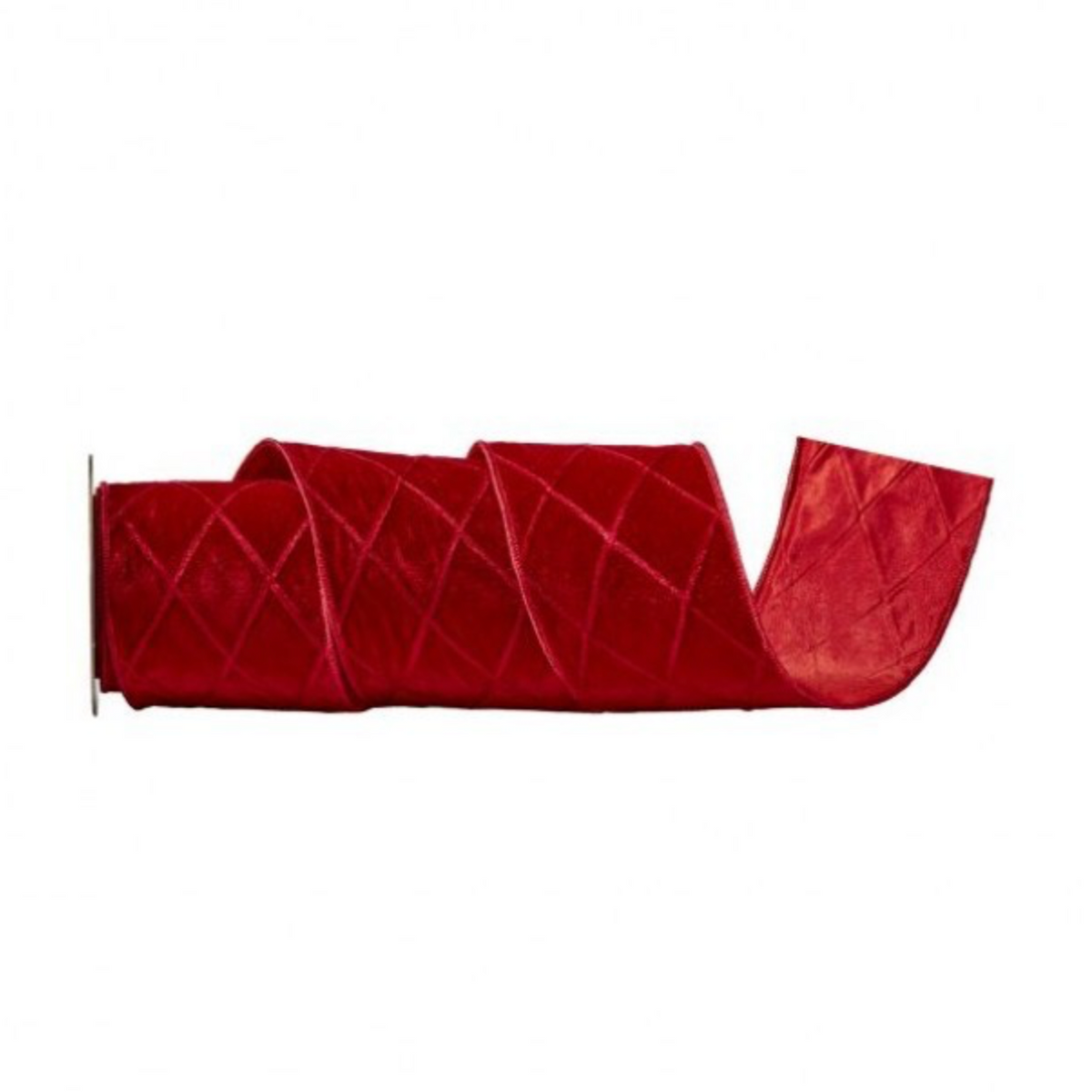 A red quilted velvet curtain rod pocket with a diamond pattern, shown partially rolled on a white background with a small 'NEW!' badge in the top right corner.