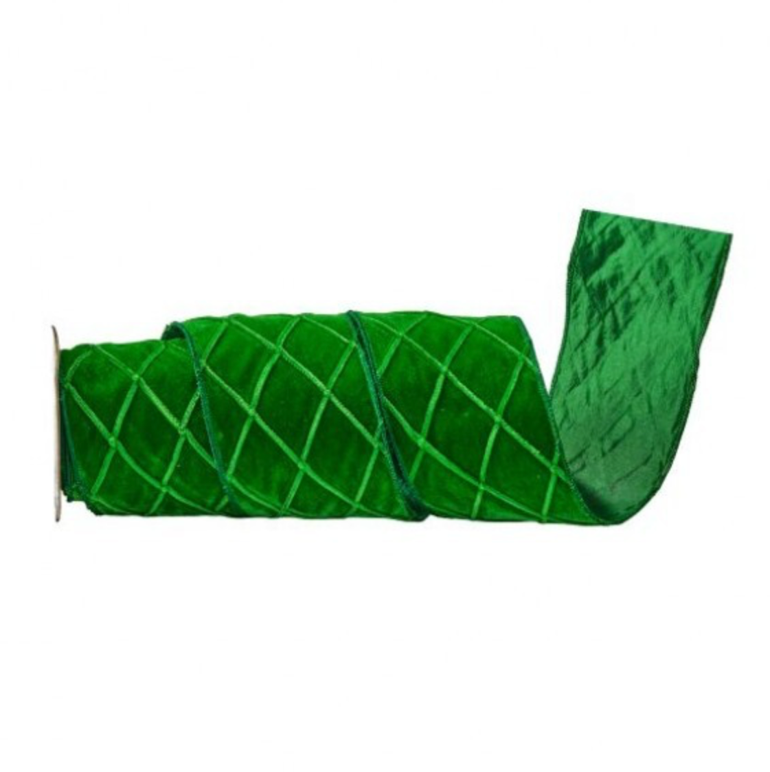 A roll of bright green mesh ribbon with a diamond lattice pattern, partially unrolled on a plain white background.