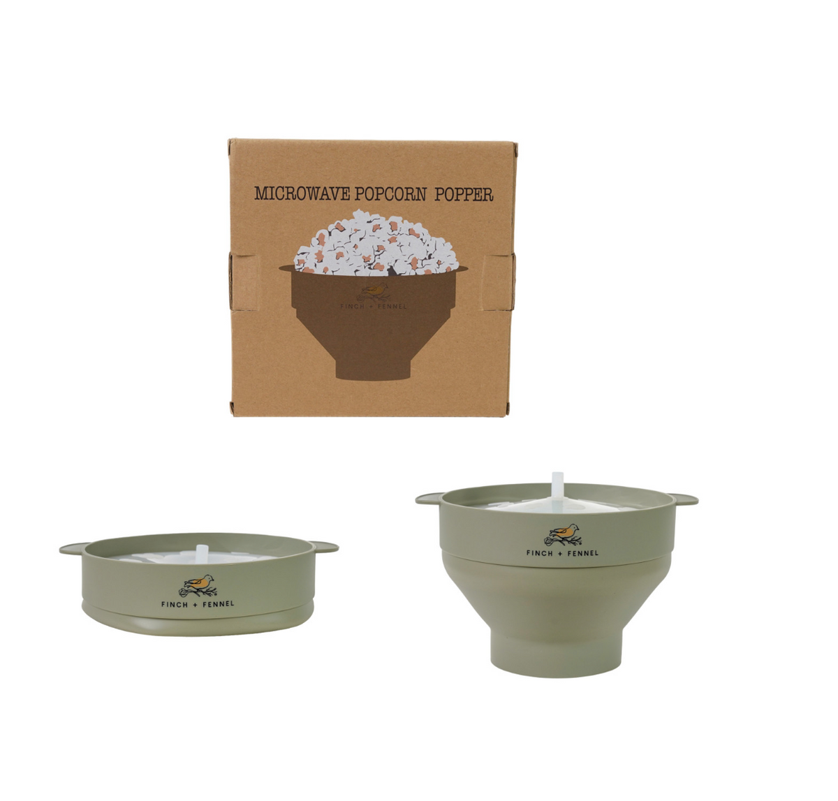 A microwave popcorn popper set shown with its brown cardboard box and two matching light sage green plastic popper pieces on a plain white background. The box is labeled 'MICROWAVE POPCORN POPPER' with an illustration of popcorn, and the popper pieces are branded 'FRESH + FRESH'.
