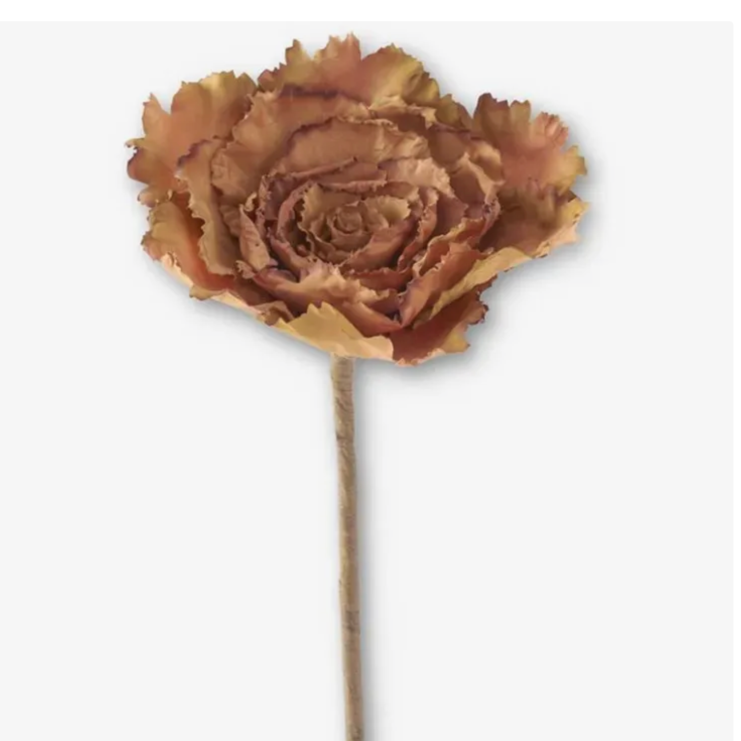 A single dried decorative flower with layered ruffled petals in warm brown, tan, and muted orange tones, attached to a thin brown stem on a plain light gray background.