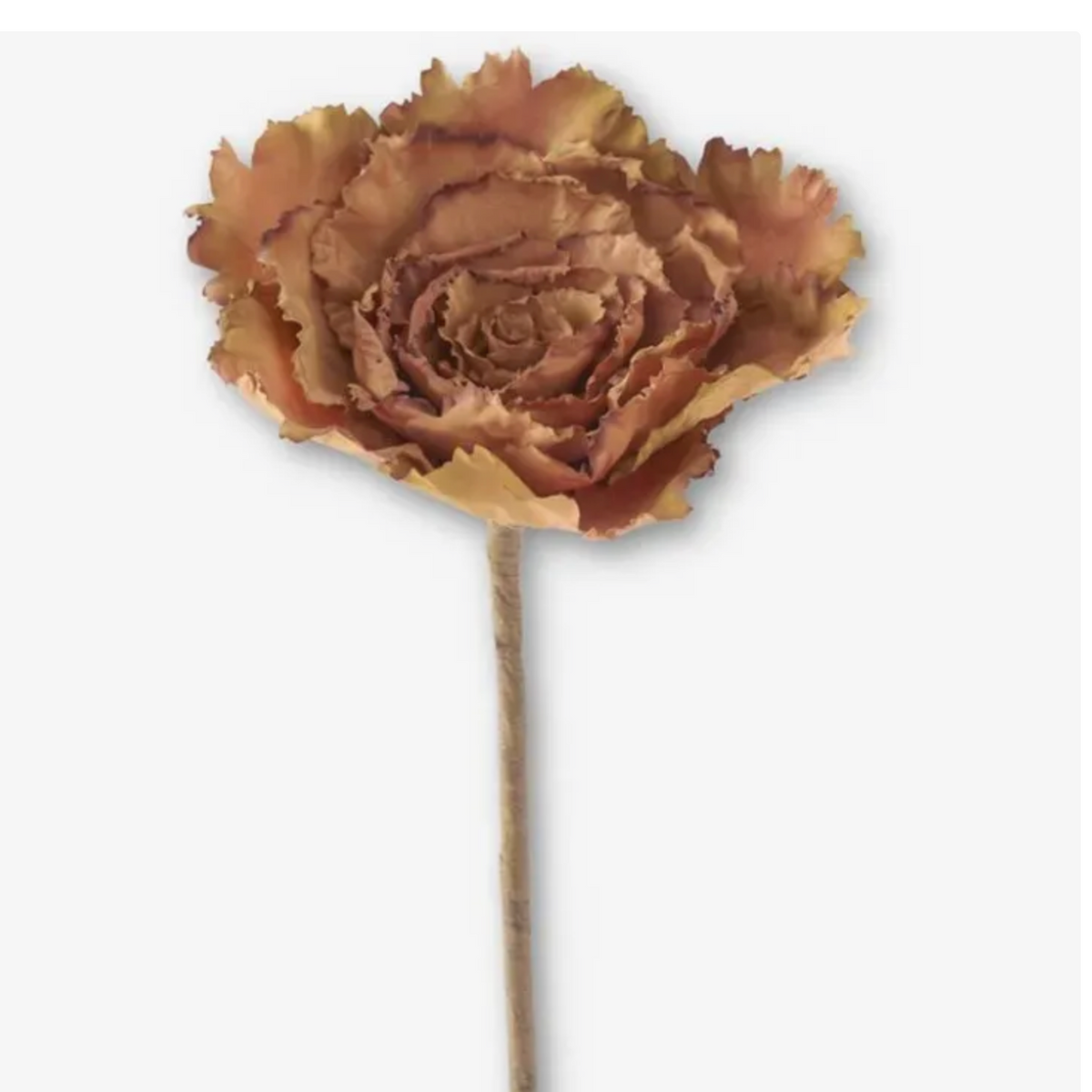 A single dried decorative flower with layered ruffled petals in warm brown, tan, and muted orange tones, attached to a thin brown stem on a plain light gray background.