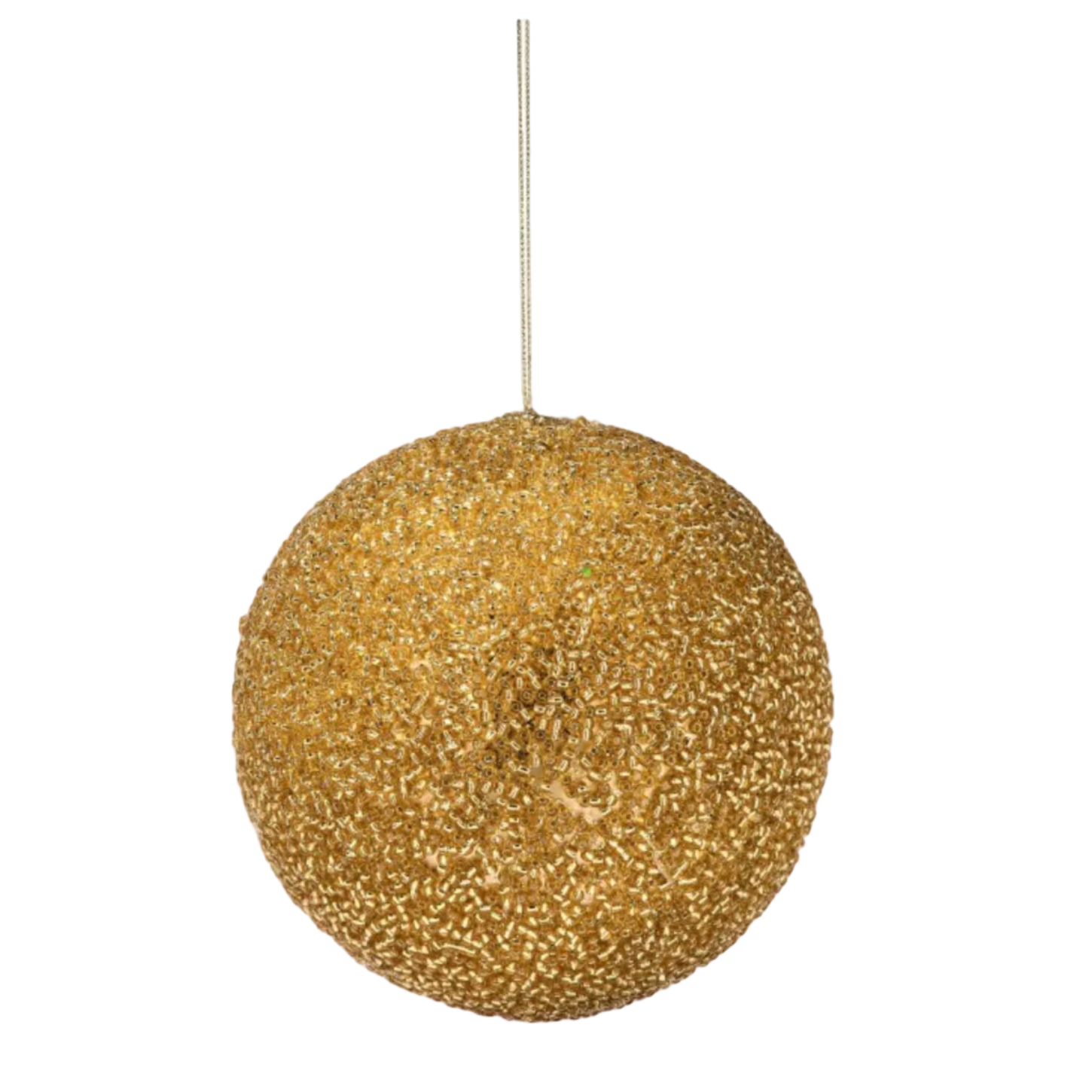 A spherical gold hanging ornament covered in tiny glittering beads, suspended by a thin gold cord against a plain white background, with a small dark gray 'NEW!' badge in the top right corner.