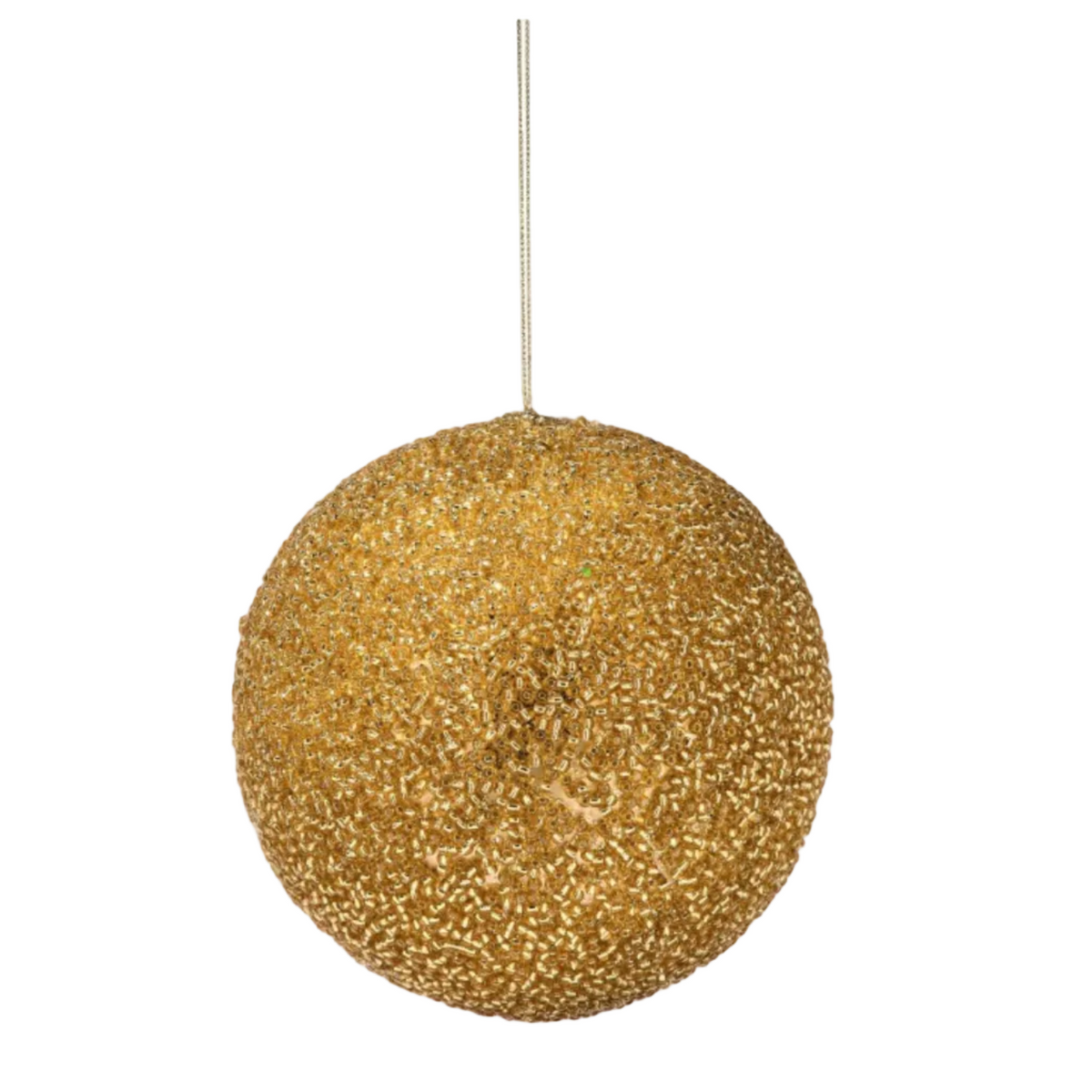 A spherical gold hanging ornament covered in tiny glittering beads, suspended by a thin gold cord against a plain white background, with a small dark gray 'NEW!' badge in the top right corner.