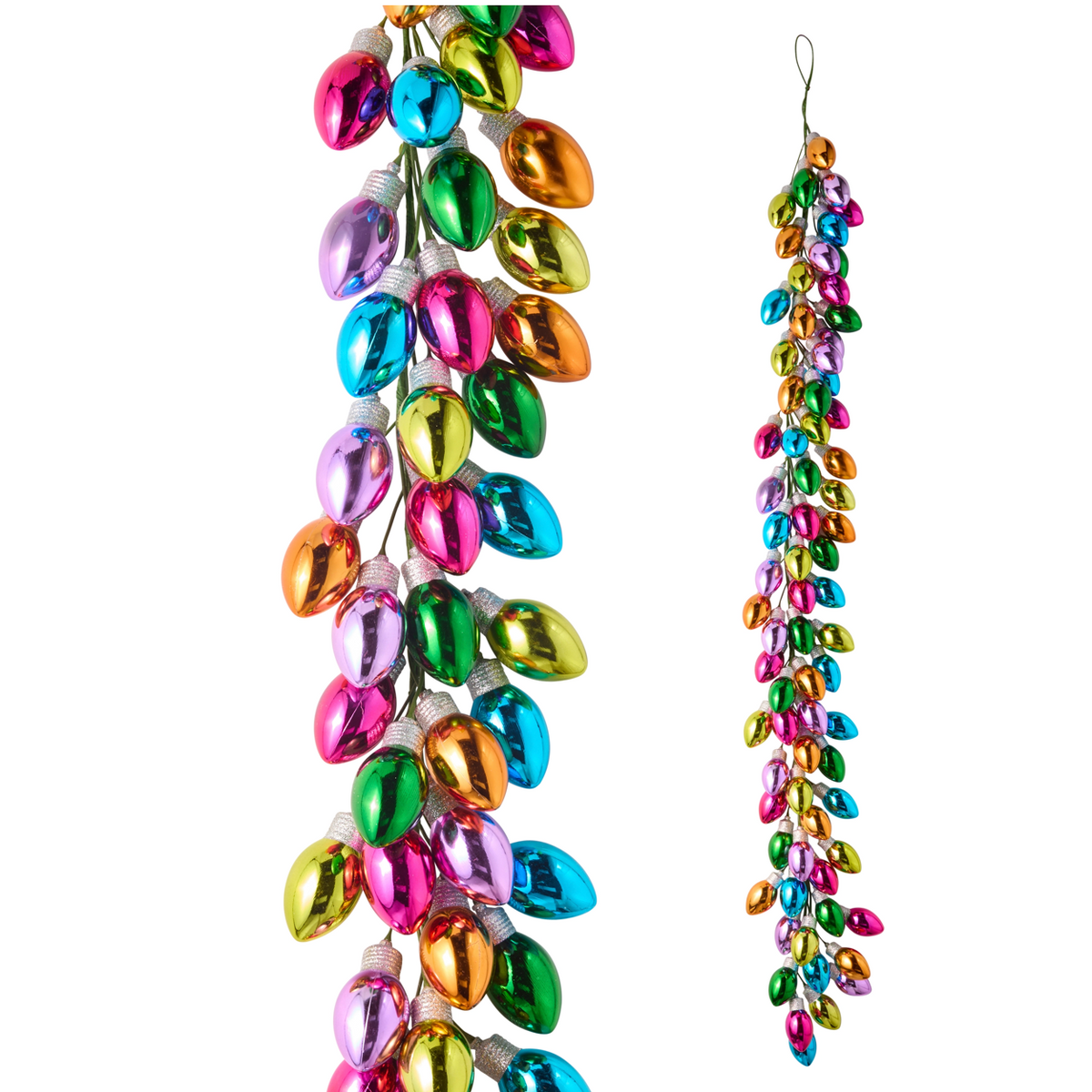 A set of metallic Christmas light garlands on a white background, showing one garland with several bulbs attached and another garland with all bulbs unbulleted.