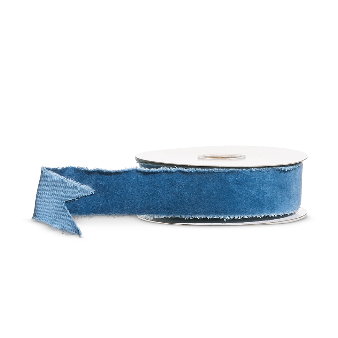 A spool of blue velvet ribbon with a frayed, cut-edge finish, partially unrolled on a clean white background.