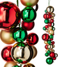 Christmas ornament set with shiny red, green, and gold metallic baubles, shown as a cluster and hanging as a garland on a white background.