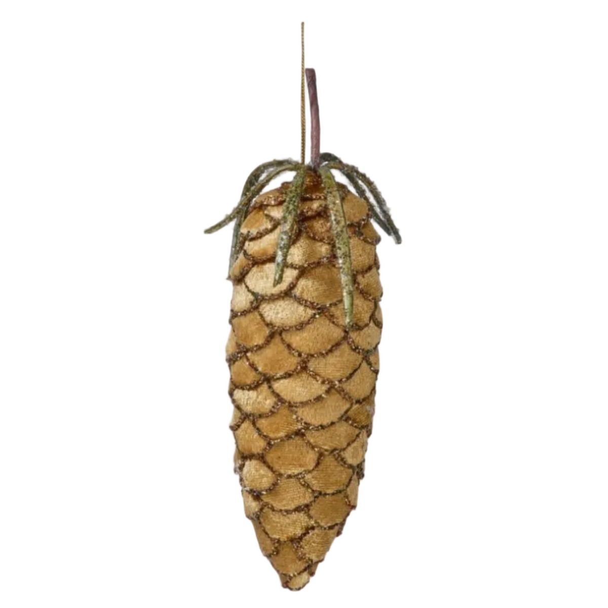 A pinecone-shaped hanging ornament with a textured golden-brown body, glittery green stem details, and a thin hanging loop, shown on a plain white background with a small black 'NEW!' badge in the top right corner.