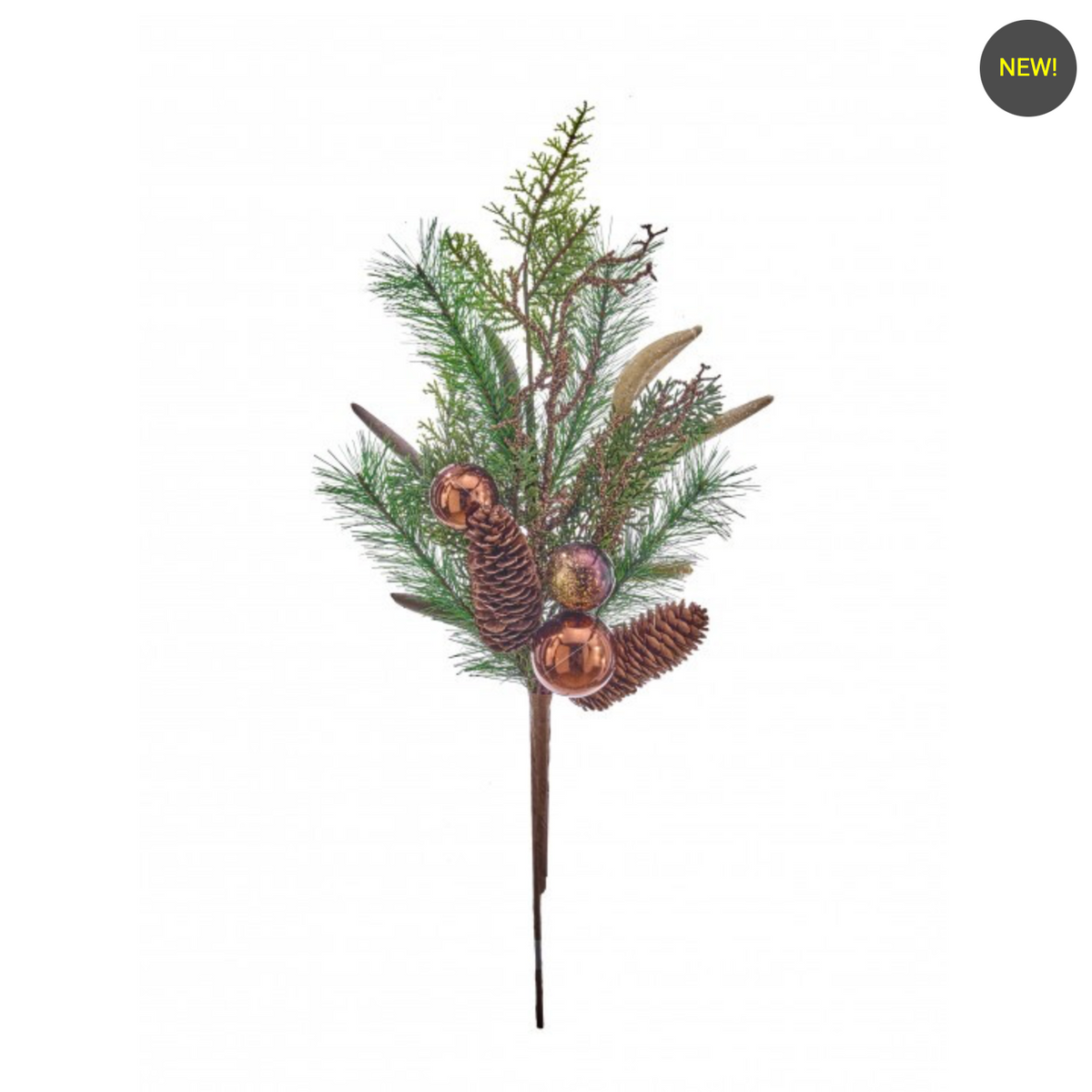A rustic pine branch stem with green needles, brown pinecones, and copper-colored ornaments on a white background, featuring a small black 'NEW!' badge in the top right corner.