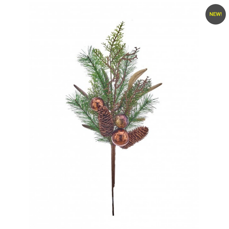 A rustic pine branch stem with green needles, brown pinecones, and copper-colored ornaments on a white background, featuring a small black 'NEW!' badge in the top right corner.