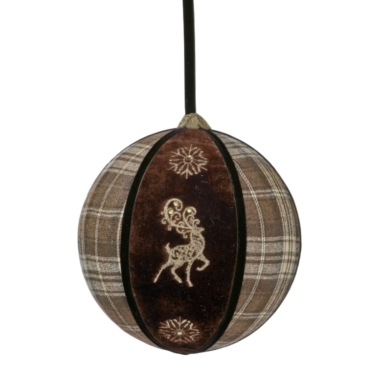 A hanging Christmas ornament shaped like a sphere, featuring a dark brown velvet center panel with a raised deer motif and snowflake details, flanked by beige and brown plaid fabric sides, suspended by a black cord against a white background.